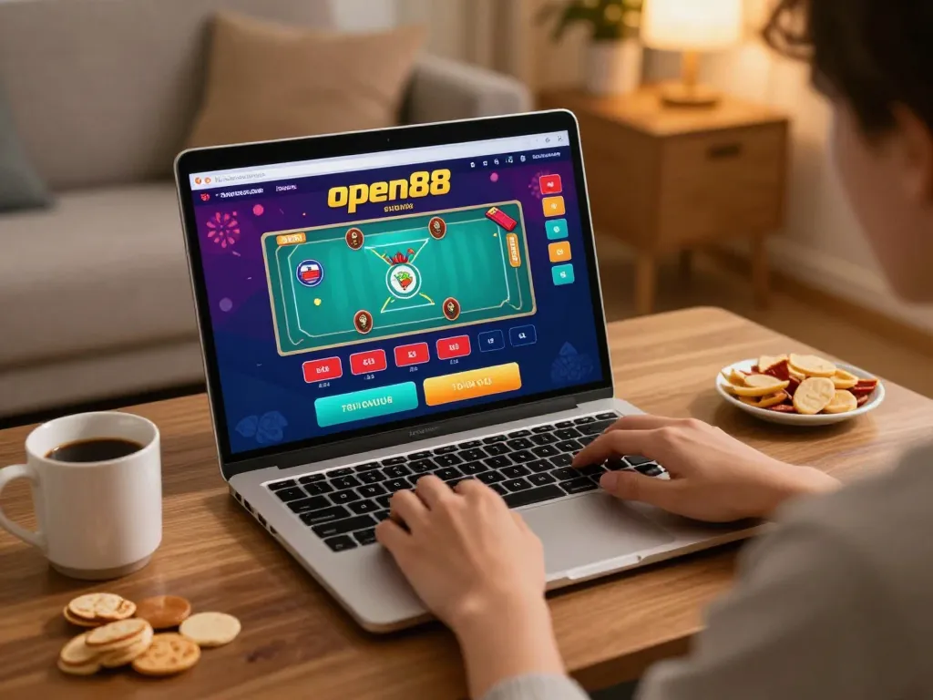 Engaging in live casino gameplay on open88 in a cozy home setting with a laptop and snacks.