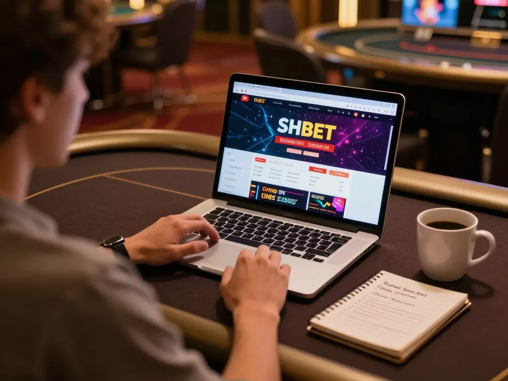 Engaging in online casino action at SHBET with a modern laptop setup and gaming strategy notes.