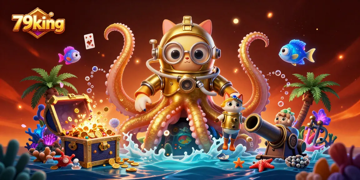 Engage with 79king's dynamic gaming ambiance featuring cartoon kraken and diving cat in a vibrant casino underwater scene.