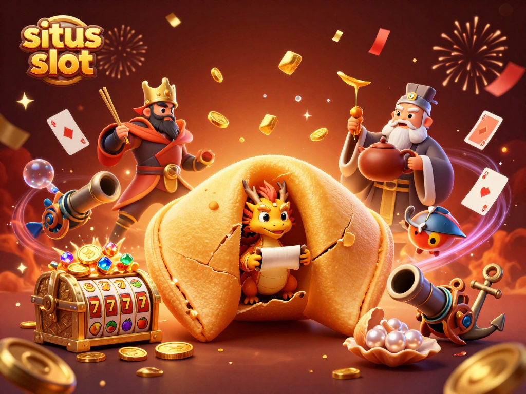 Engage with a vibrant situs slot scene featuring a wise dragon and festive casino elements.