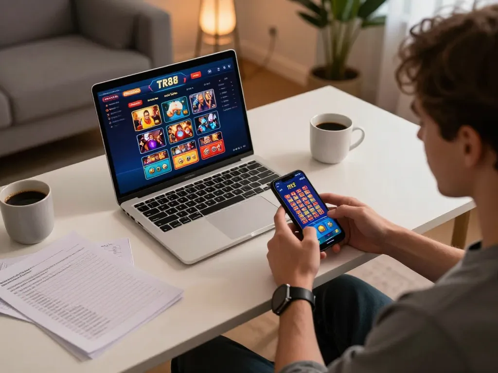 Player enjoying TR88 online casino gaming on laptop with strategic notes and coffee in cozy home setting.