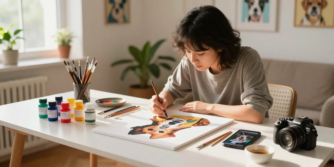 Custom paint by number kit in a bright home studio, showcasing a pet portrait being painted.