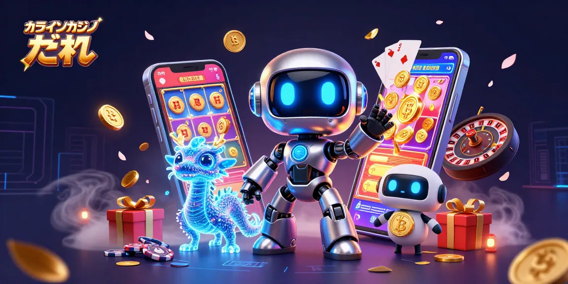 オンラインカジノ アプリ どれでスロットゲームを楽しむサイボーグロボットとドラゴンのイラスト