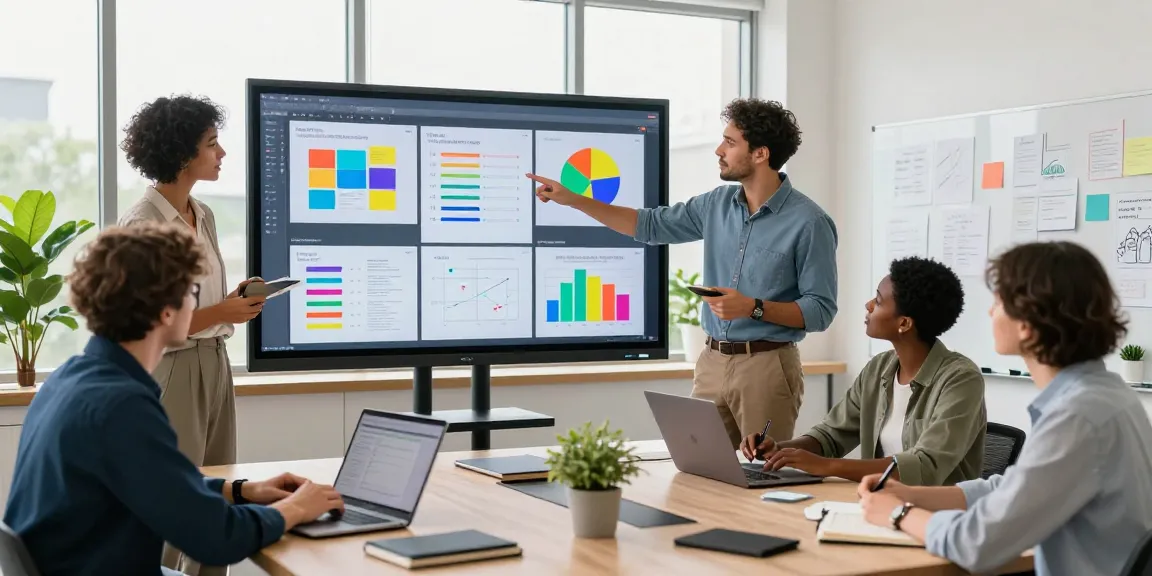 Diverse team collaborating on a digital mixboard in a modern workspace, showcasing vibrant visual concepts and project timelines.