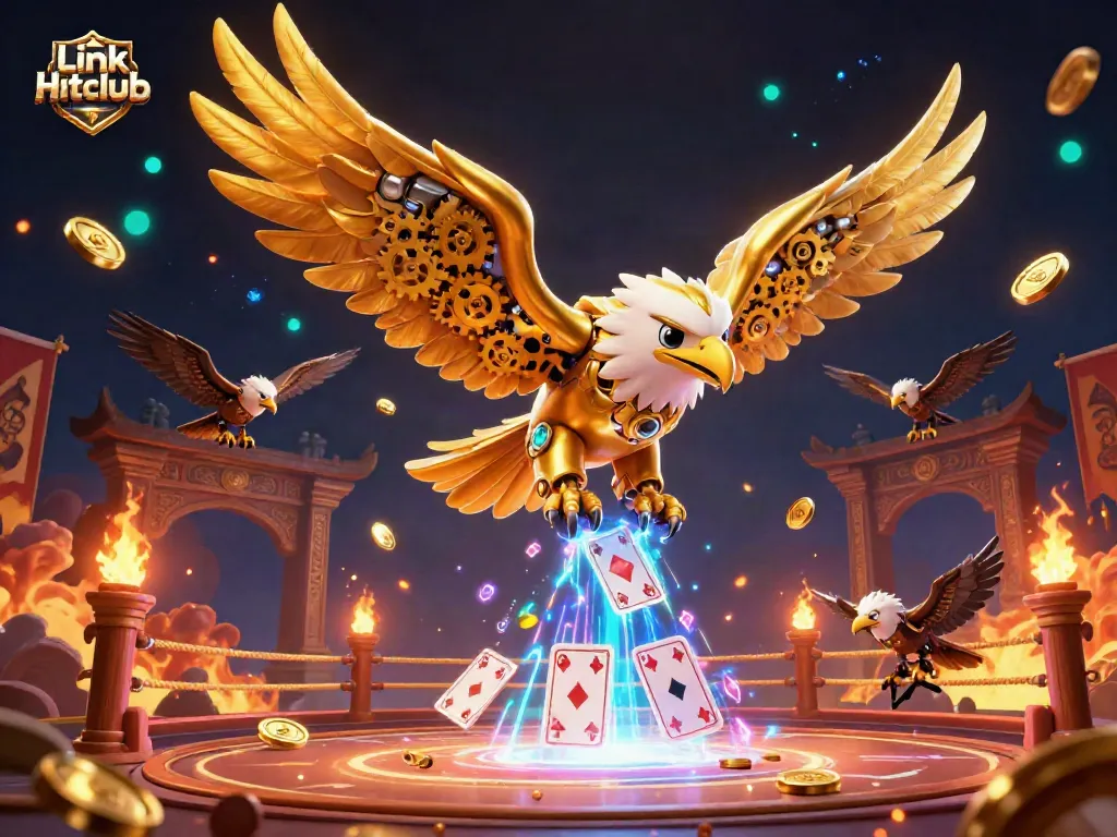 Experience Link Hitclub's thrilling casino atmosphere with golden eagle and holographic cards.