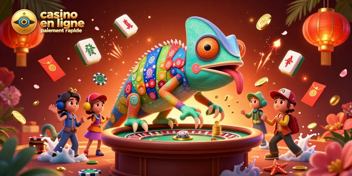 Le casino en ligne paiement rapide offre des gains incroyables avec une scène animée de jeu entre caméléon, mahjong et lanternes.
