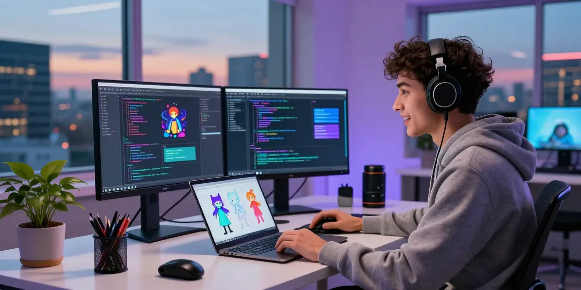 Developer showcasing the crushonai character AI chat interface in a vibrant workspace, illustrating innovative tech engagement.