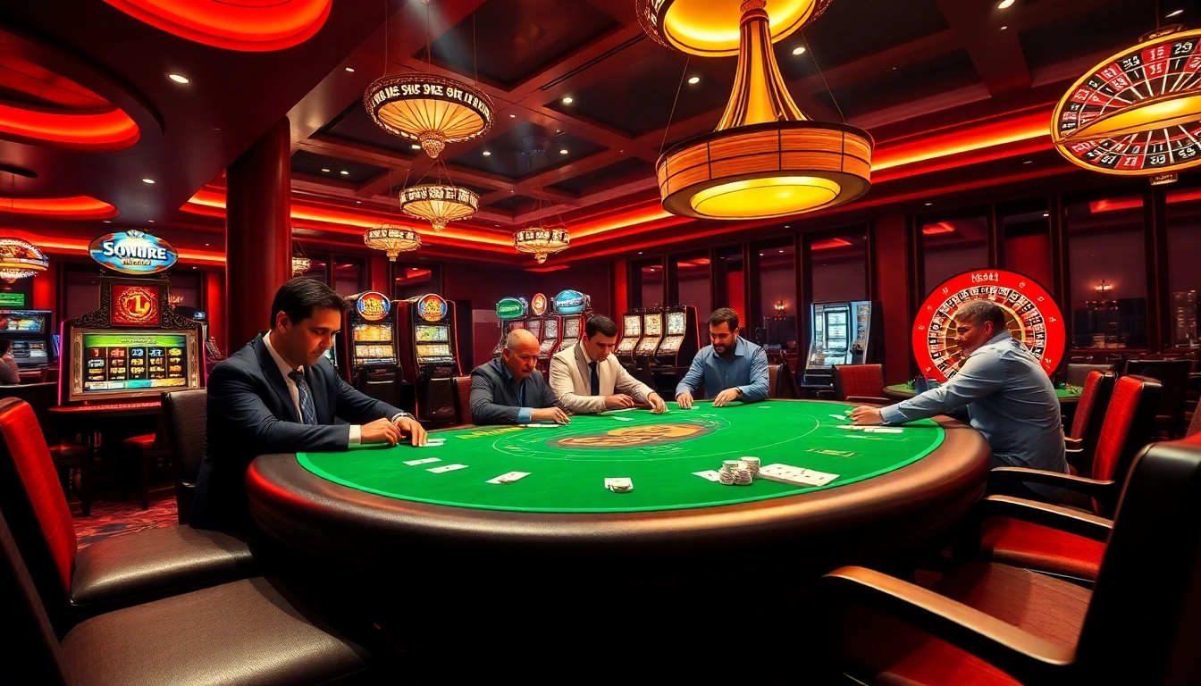 Players strategizing at the BJ388 poker table in a luxurious casino atmosphere.