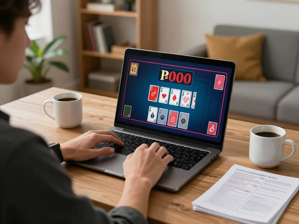 Engage in responsible gaming with 8kbetbh at home using a laptop for live dealer blackjack.