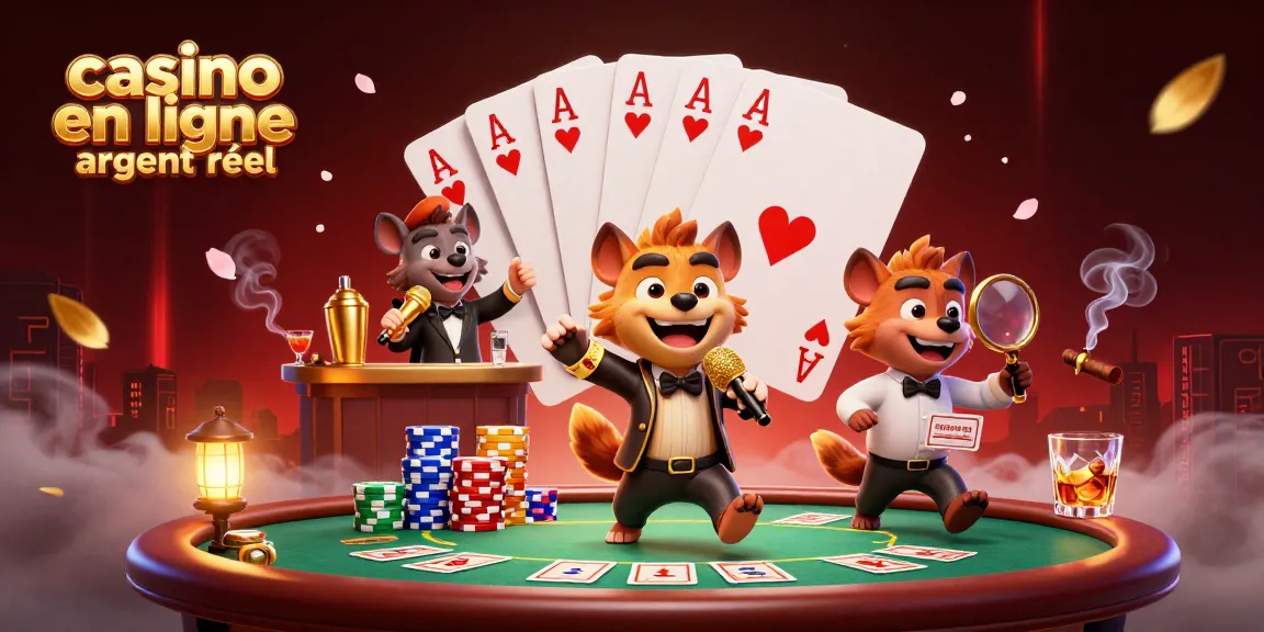 Illustration dynamique de casino en ligne argent réel avec hyènes dans un club de comédie.