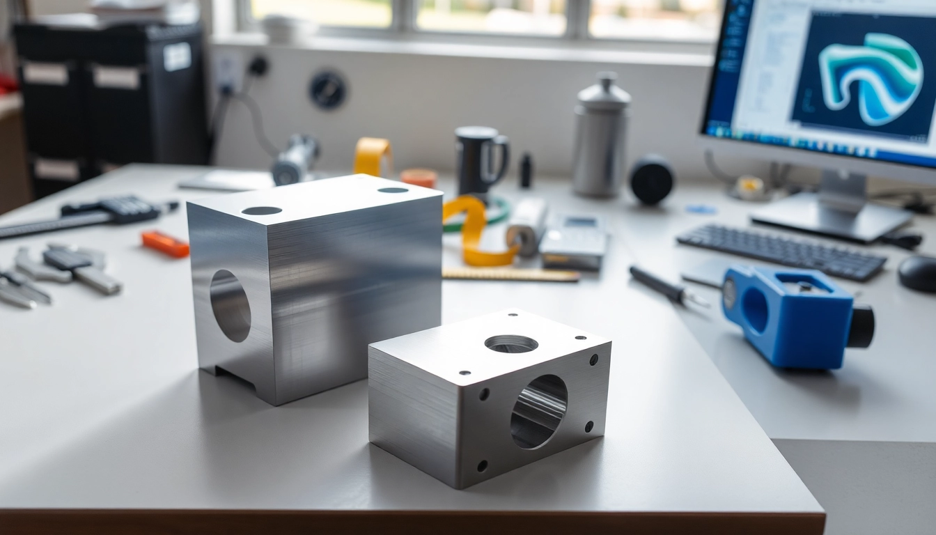 Showcasing aluminum prototypes on a modern workbench with tools, highlighting craftsmanship.