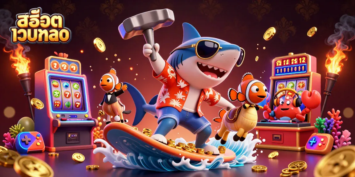 Engage with สล็อตเว็บตรง in a vibrant 3D casino illustration filled with slot machines, gold coins, and lively characters.