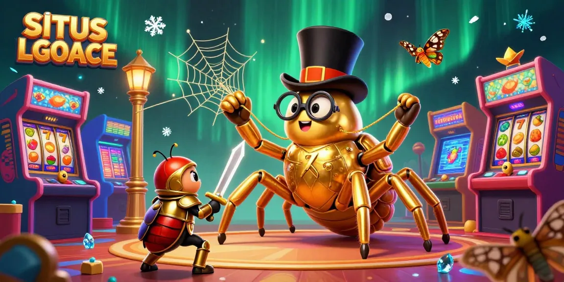 SITUS LGOACE showcases a unique casino adventure featuring a golden tarantula and a beetle knight among vibrant slot games.