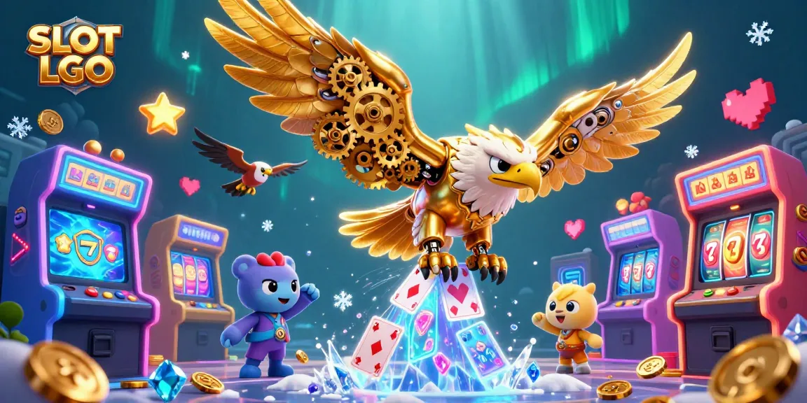 Play exciting SLOT LGO with animated cyber eagle diving through cards, vibrant game elements, and colorful casino visuals.
