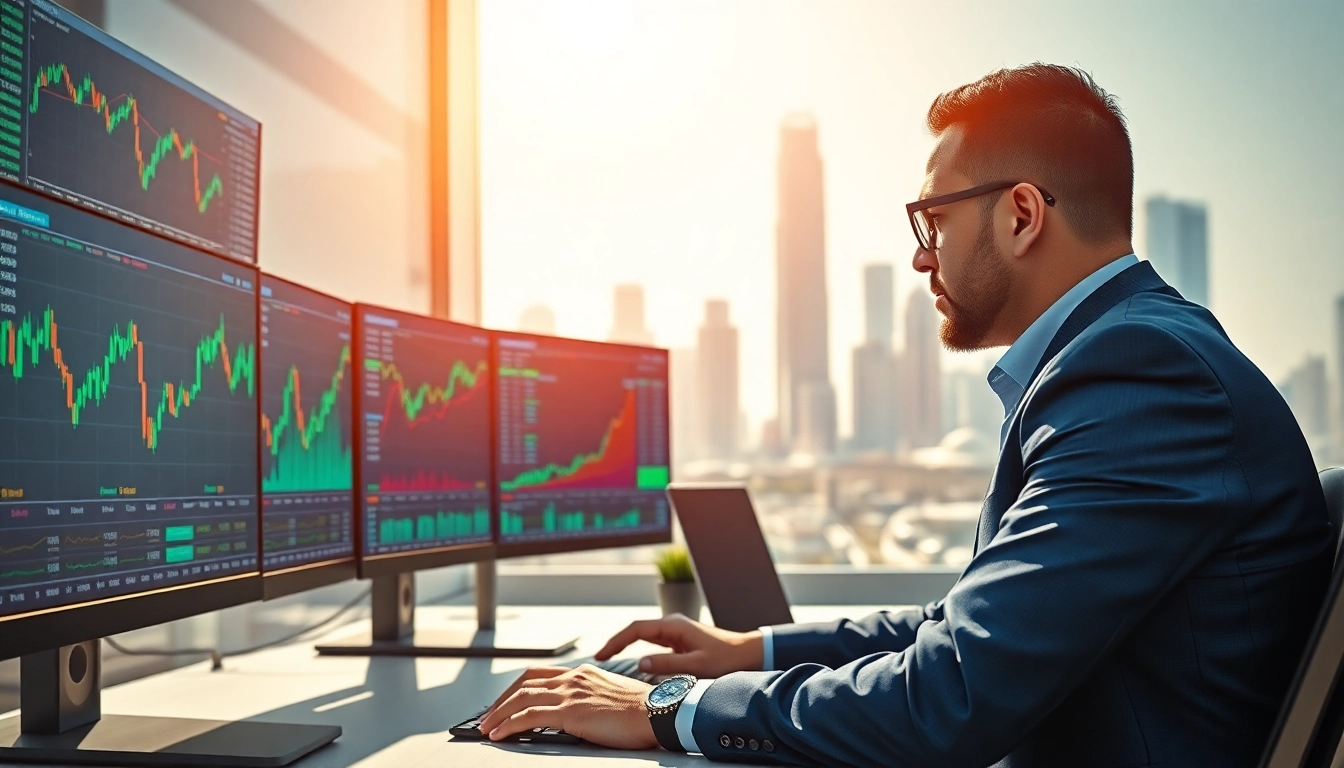 Engaged professional analyzing real time stock trading In Saudi Arabia data on multiple screens.