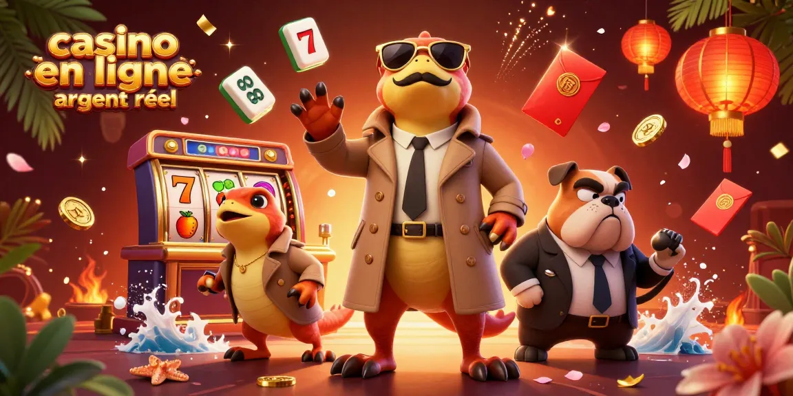 Illustration 3D de trois rapaces déguisés tentant d'entrer dans un casino en ligne argent réel, remplie de jeux et d'éléments festifs.