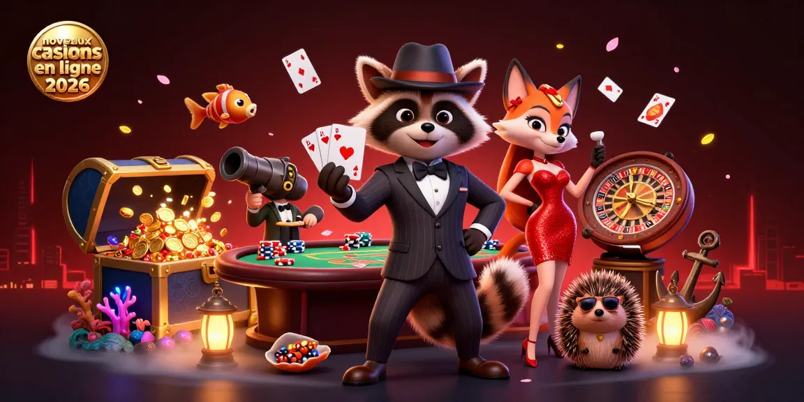 Une illustration dynamique représentant les nouveaux casinos en ligne 2026 avec un raton laveur, une renarde et un hérisson dans une scène de jeu