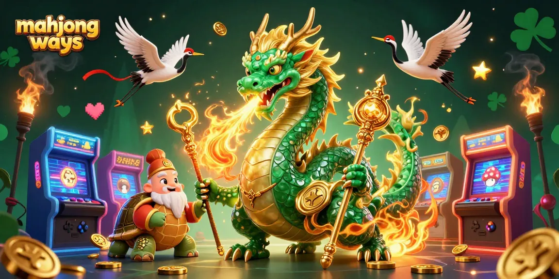 Experience Mahjong Ways with a jade dragon and slot game elements in a vibrant 3D illustration.