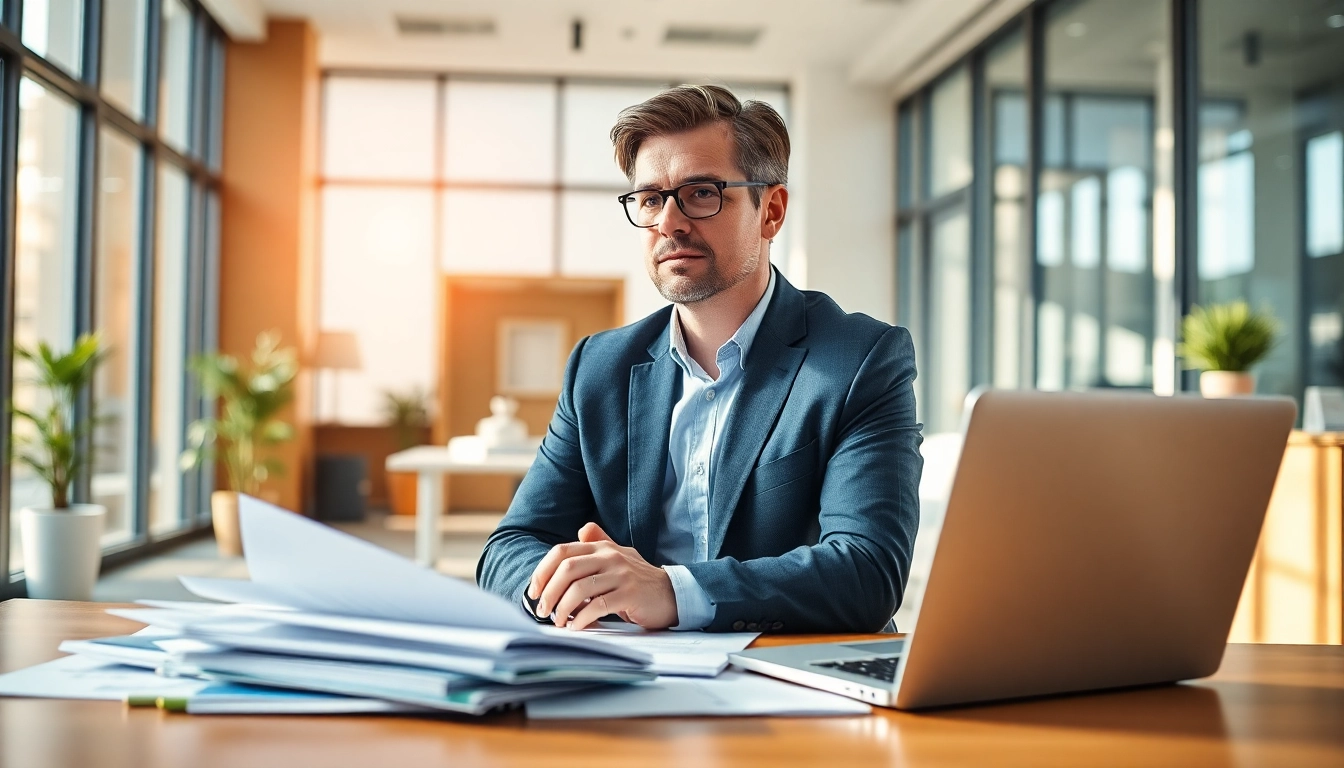 Consultant evaluating Federal and State contracts and grants in a bright office.