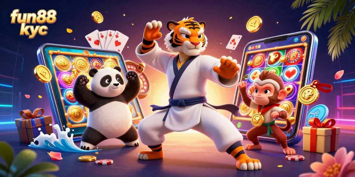 Nhận thưởng hấp dẫn từ Fun88 KYC với hình ảnh các nhân vật hoạt hình đang tham gia trò chơi cá cược.