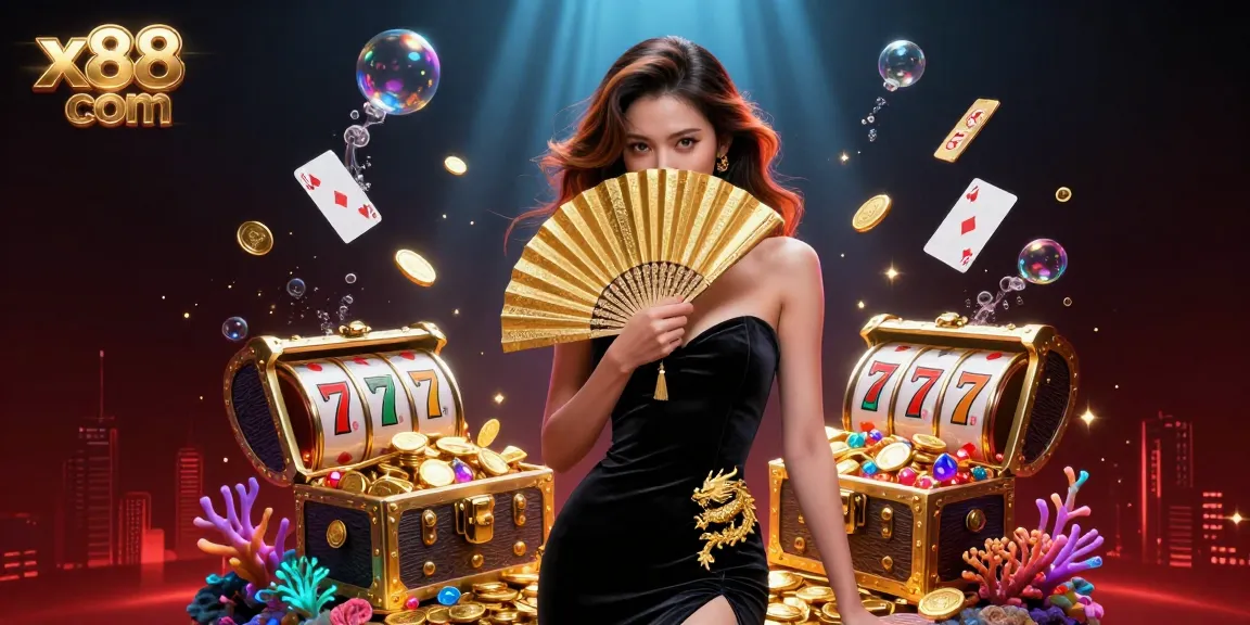 Experience the thrills of winning at x88 com with a captivating Asian dealer in a rich casino scene filled with slot game excitement.