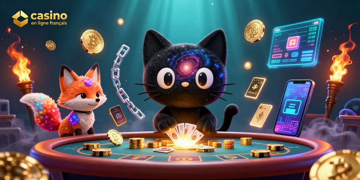 Casino en ligne français illustrant un chat en trou noir attrapant des jetons d'or sur une table de casino.