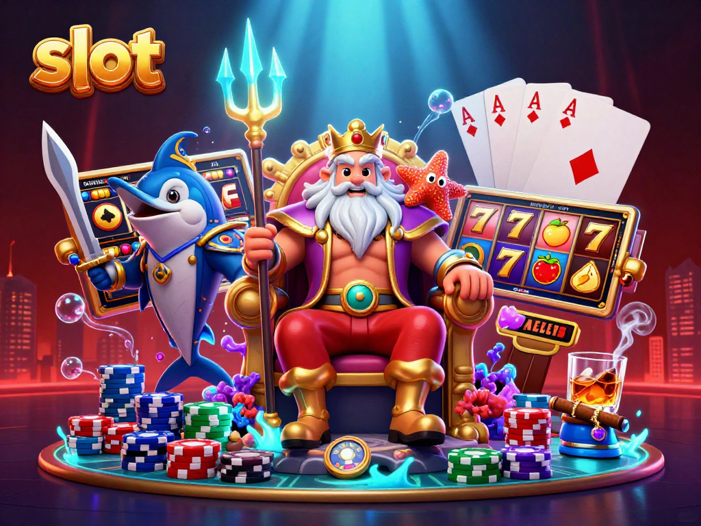 Experience thrilling slot gameplay in this vibrant underwater casino scene featuring Neptune.