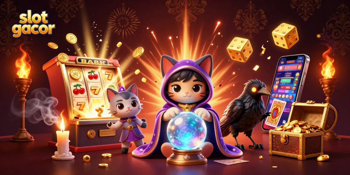 Engaging slot gacor scene with a mystical cat, tarot raven, and vibrant slot elements.