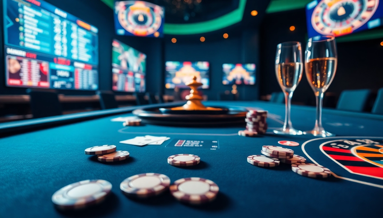 Spiele casino spielen online an einem glamourösen Tisch mit Chips und Karten.