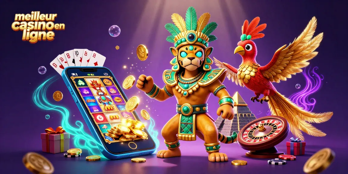 Illustration du meilleur casino en ligne, mettant en avant des jeux de machines à sous, un prêtre jaguar et une ambiance dynamique.