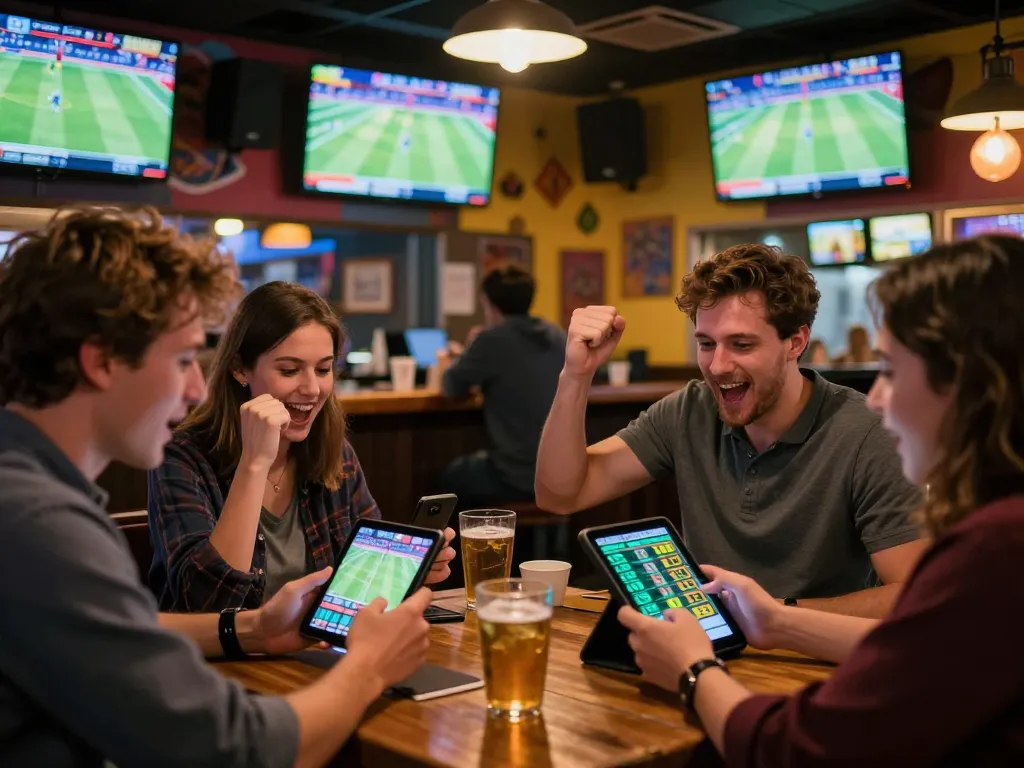 Experience keonhacai 5 sports betting excitement with friends at a lively bar, screens displaying live events.