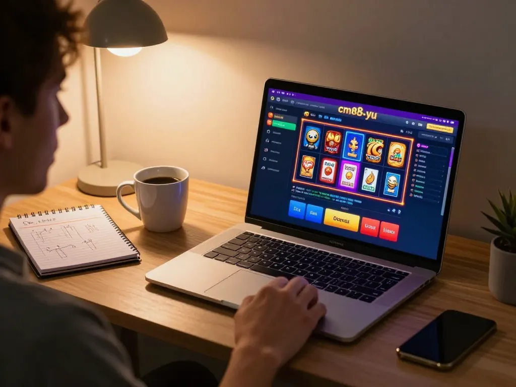 Player engaging with cm88-yu online casino on sleek laptop setup with cozy ambiance.