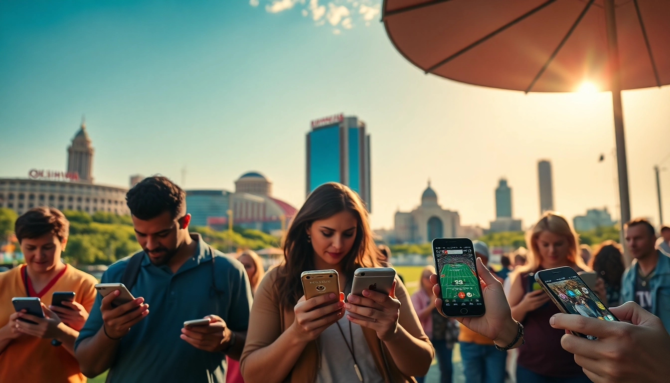 Engaging with sports betting apps Oklahoma amid a lively Oklahoma landscape, featuring vibrant landmarks.