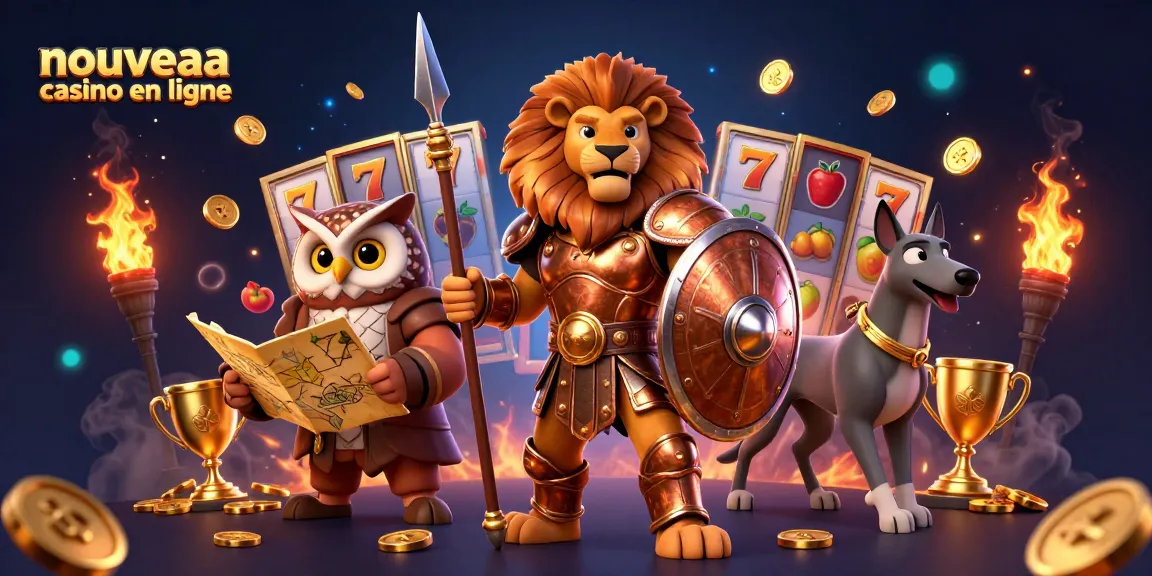 Illustration 3D d'un nouveau casino en ligne, avec un lion spartiate, un hibou et un greyhound entourés de rouleaux de machines à sous et de symboles porte-bonheur.