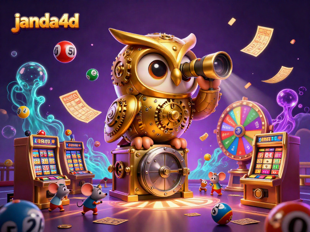 janda4d menampilkan burung hantu emas dan karakter kecil bermain slot yang penuh warna di kasino