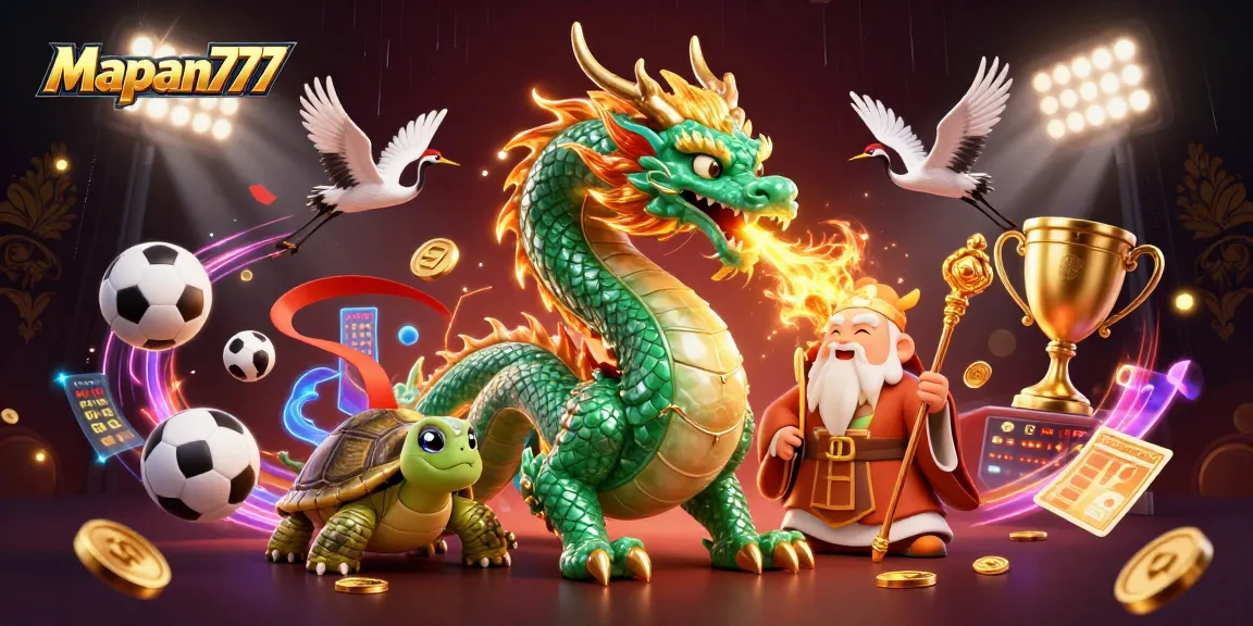 Experience the thrill of Mapan777 with a dynamic 3D casino illustration featuring vibrant characters and sports betting elements.