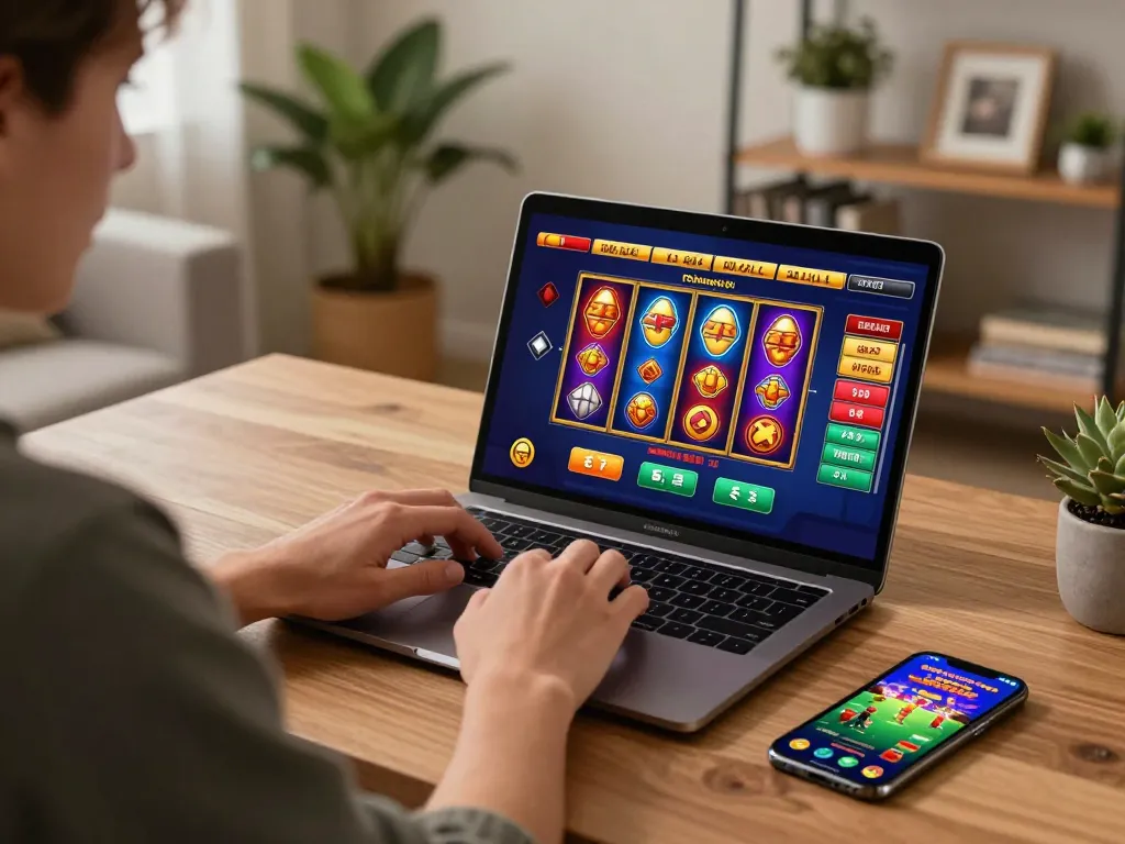 S666 player using laptop for online casino slots, enjoying immersive gaming experience at home