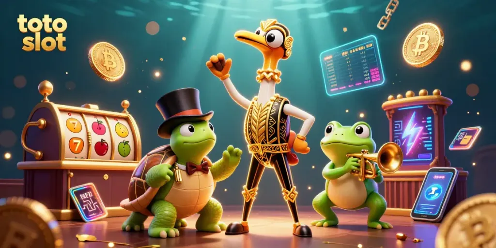 Play exciting toto slot games with vibrant characters and glowing coins in a dynamic scene.