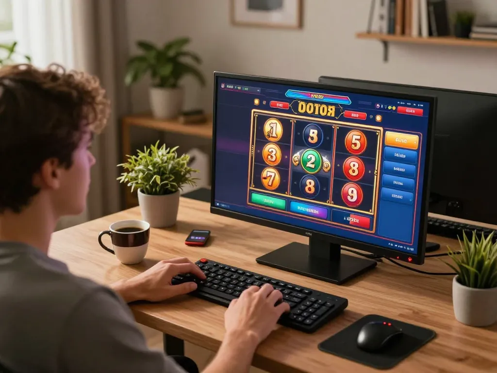 Experience thrilling online gameplay at cm88-t1 with a vibrant slot machine interface in a cozy home setup.