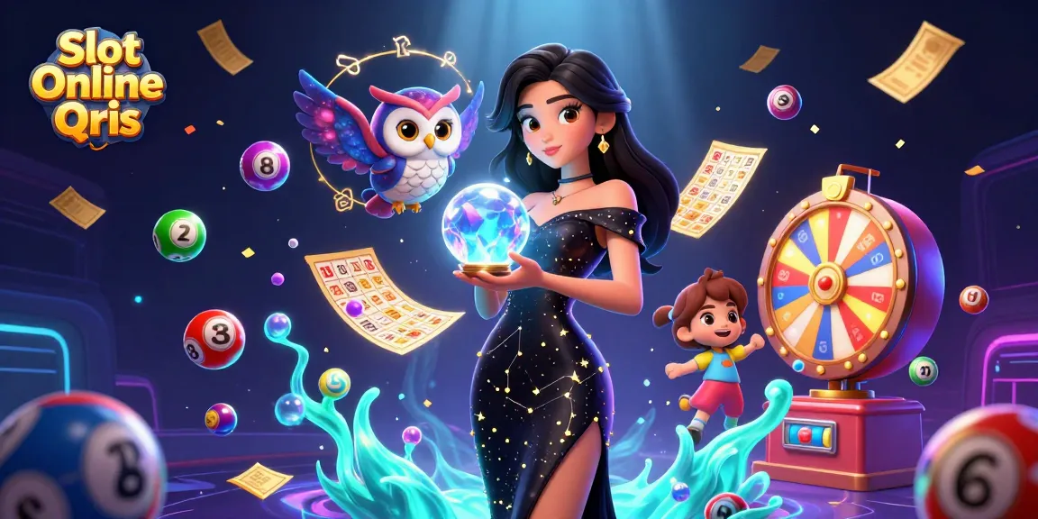 Engage in Slot Online Qris with enchanting visuals featuring vibrant lottery elements and a mystical owl.