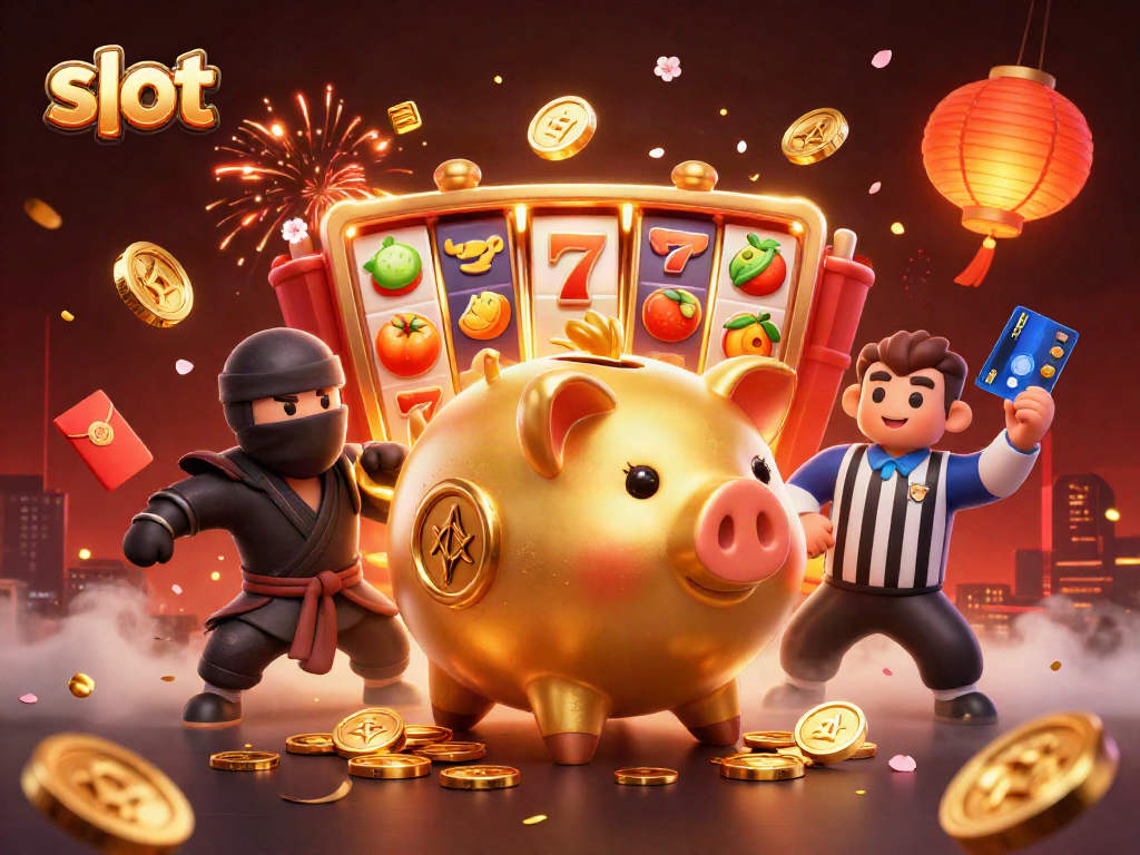 Engage with thrilling slot action featuring a sumo wrestler piggy bank amidst vibrant casino elements.