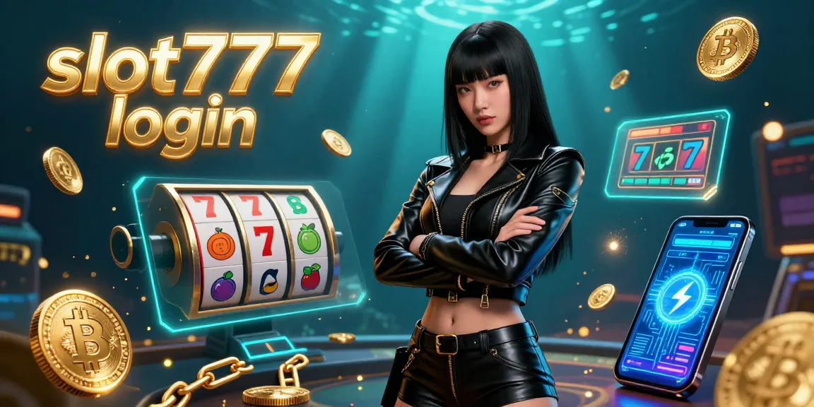 Play exciting games with slot777 login, featuring vibrant slot elements and cryptocurrency in a dynamic casino scene.