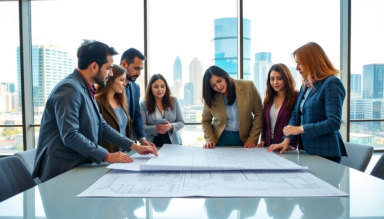 Engaged professionals in construction advocacy Carolinas discussing blueprints in a modern office setting.