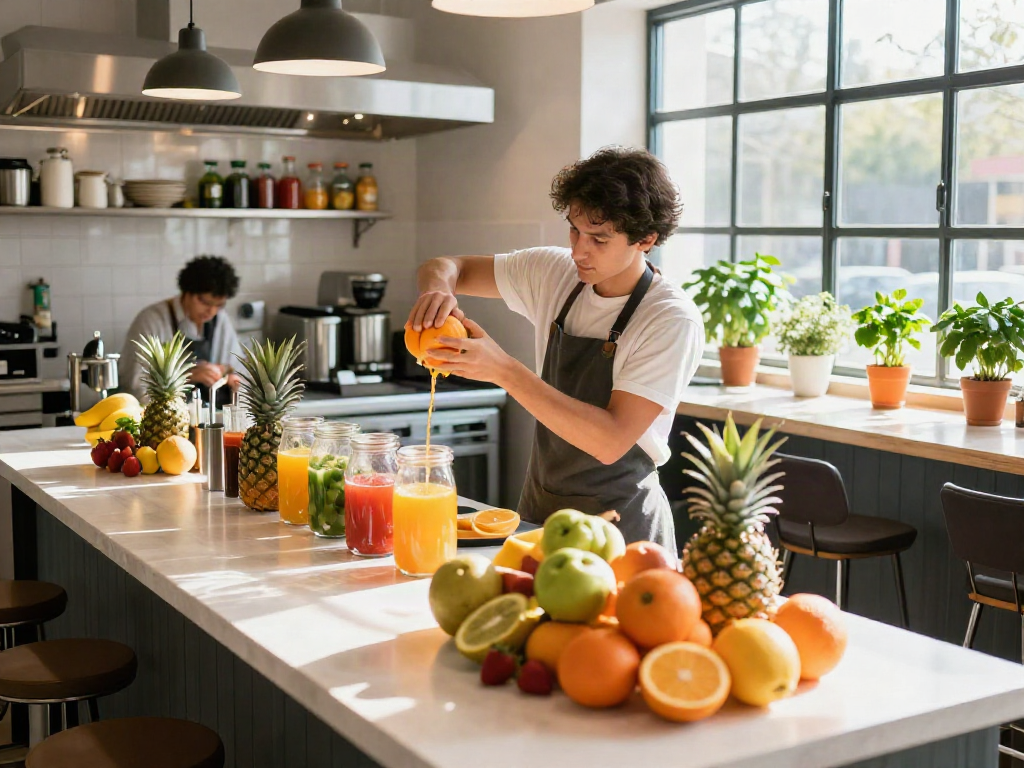 Freshly squeezed juice being prepared at a vibrant bar, featuring Camino freshly squeezed ingredients.