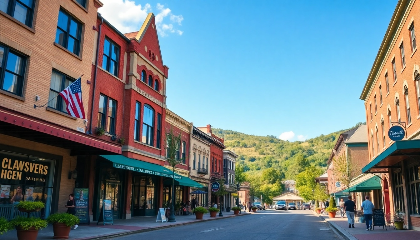 Discover the charm of Clarksburg, showcasing vibrant downtown life and lush landscapes.