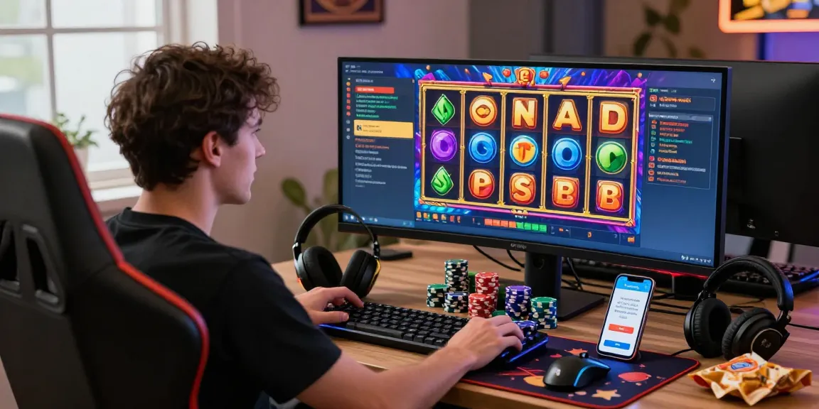Exciting player engaging with slot depo 5000 online gaming setup, showcasing vibrant graphics and casino elements.
