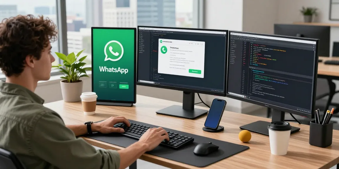Professional workspace showcasing WhatsApp電腦版 on multiple monitors in a modern tech environment.