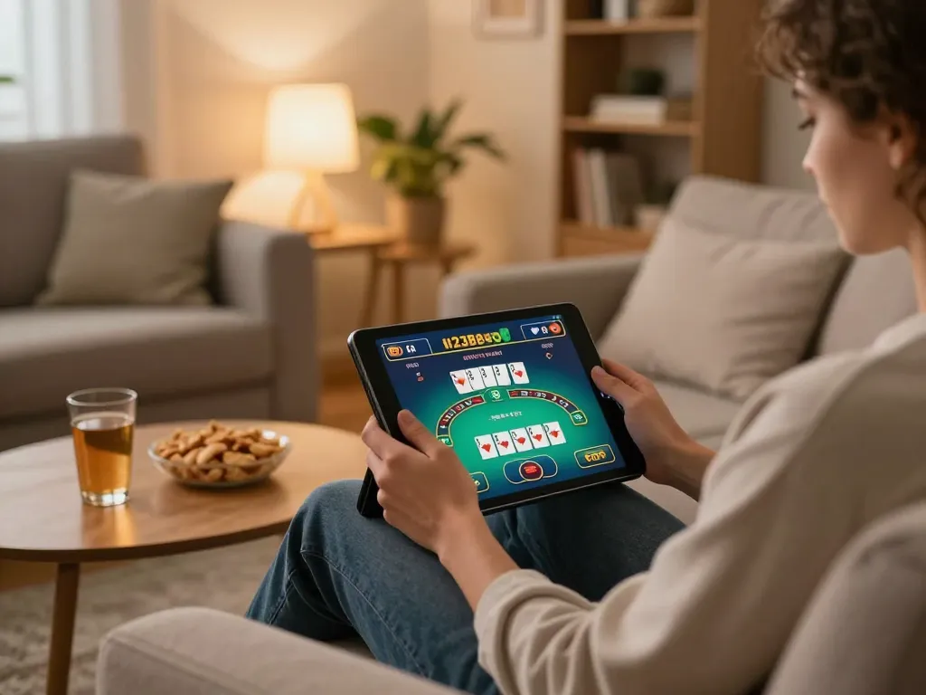 Player engaging in 123B online poker game on a tablet in cozy home setting.