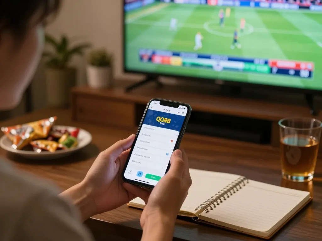 Person using QQ88 betting app on smartphone while watching live sports at home, reflecting a dynamic gaming atmosphere.