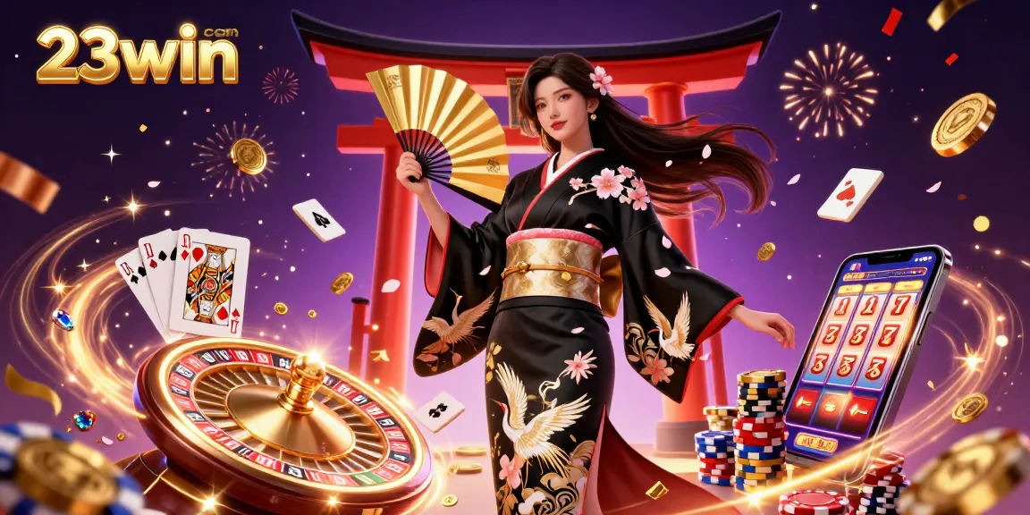 Spin to win at 23win com with an elegant casino scene featuring poker chips, golden coins, and vibrant colors.